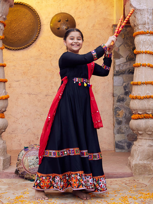 Girl's' Navratri Special Black Anarkali Kurta With Red Dupatta Set
